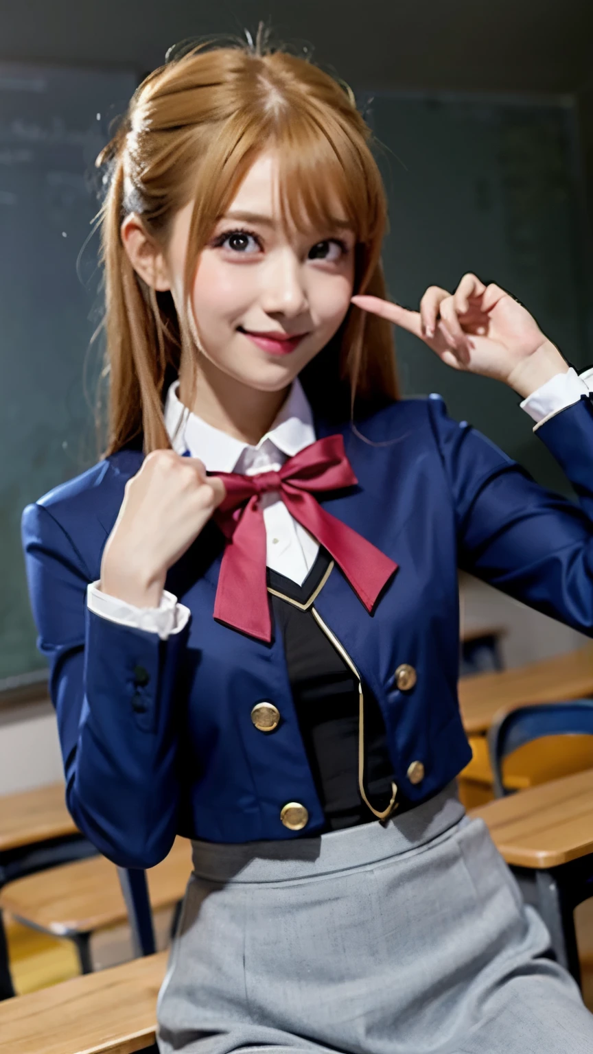 Blonde,Messy silky beautiful blonde hair,A perfectly beautiful face,masterpiece, 8k wallpaper, Highest quality, One girl,Pink Eyes,Hoshino Ruby,ruby hoshino, smile, blush,uniform,Navy blue blazer,Grey Skirt,Red ribbon, shirt,whole body,In the classroom,pikkyruby,1girl