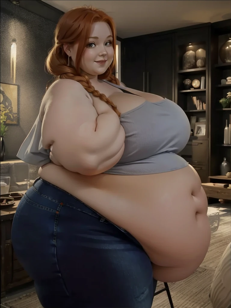 A happy, sidewiev photo of a young redhead ssbbw with long braided ginger hair, very very Huge soft hanging fat belly, very obese fat arms, huge  butt, cute pretty face, fat huge breasts in a summer top and jeans, holding her belly in a modern livingroom