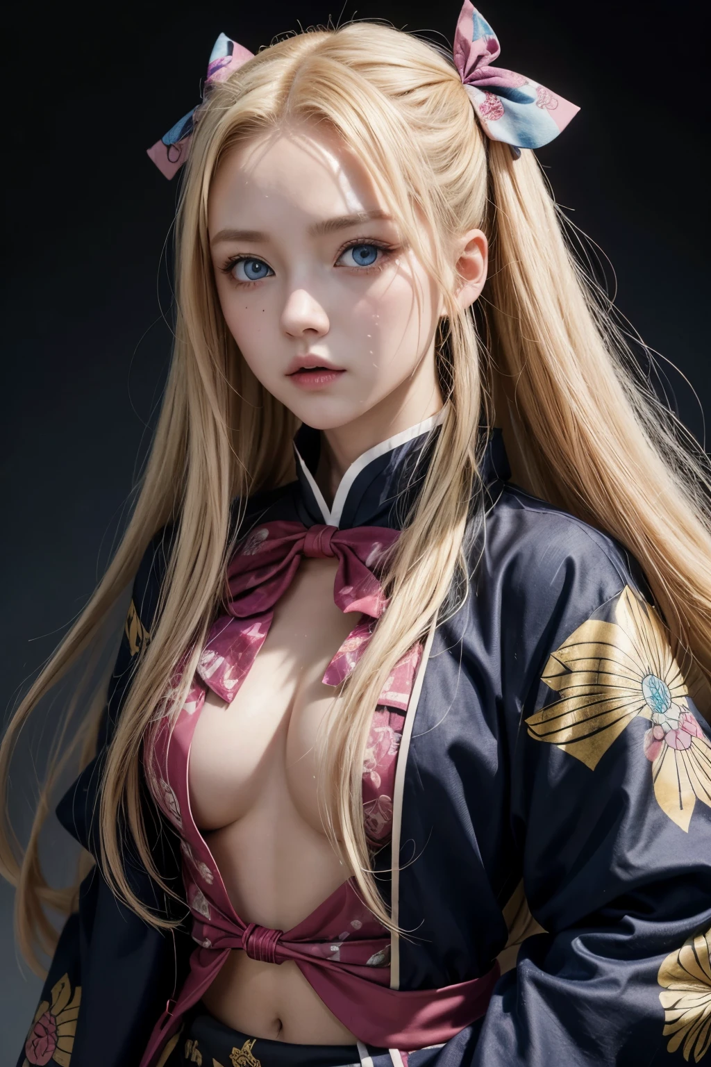 Personage of Kimetsu no Yaiba, woman with long blonde hair, blue colored eyes, skin fair, an expression,wears the oni hunter uniform,has a pink haori with some printed bows,Best anime of Kimetsu no Yaiba .