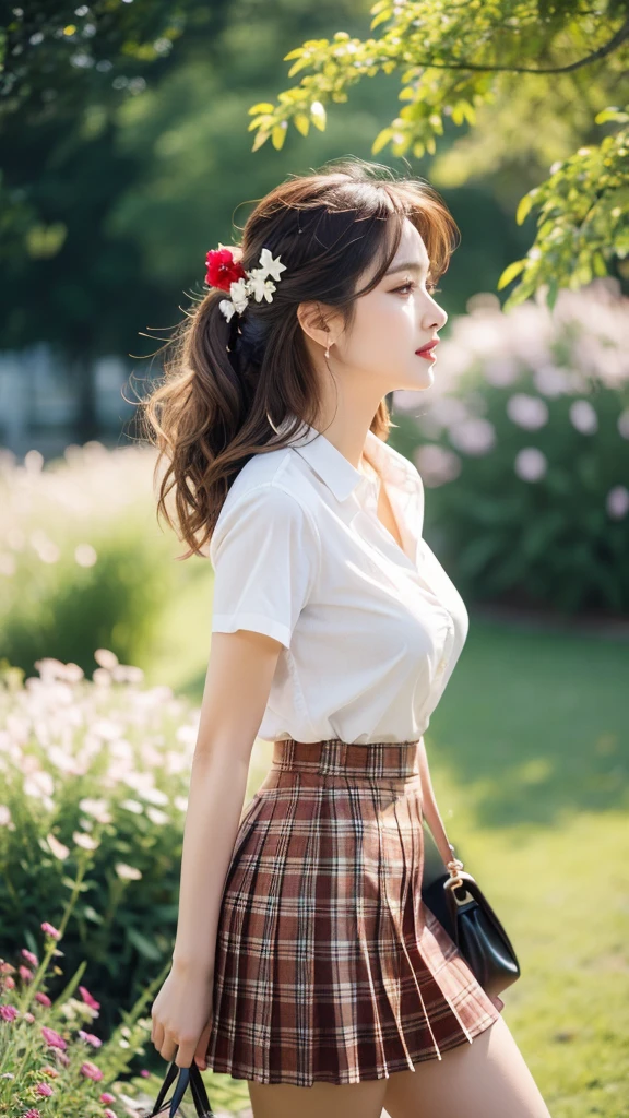 NSFW, 8k RAW photos, best quality, masterpiece, ultra high resolution, film grain, movie, 1 woman, looking at viewer, natural skin texture, Realistic eye and facial details, full Lips, Lipstick, (assembly), Red eyeshadow, cute hairstyle, messy hair, laugh, 입을 다water다, beautiful leg, tall woman, thin, slim_leg, alone, huge breasts, Cracks are visible, posture with chest out., Quite short skirt, ~~am, shirt, beautiful natural location, Around the flower field, (detailed background), plaid skirt, white shirt, huge breasts, divided, Show a little divided through the shirt, loafers, treasury background, treasury, possession, plaid, short sleeve, brown hair, bracelet, water, forehead, , jewelry store, parted Lips, Lips, from the side, pleated skirt, depth of field