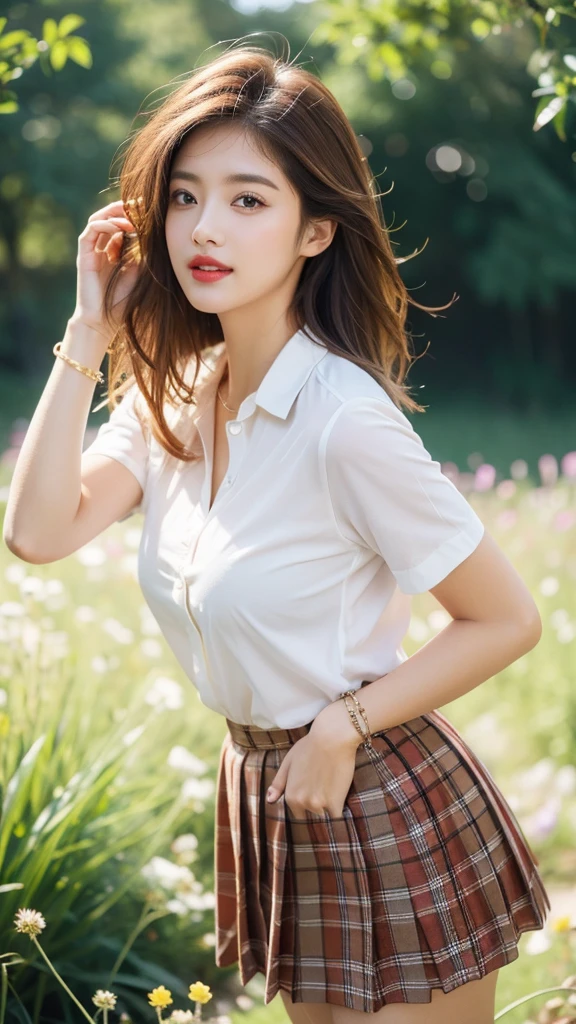 NSFW, 8k RAW photos, best quality, masterpiece, ultra high resolution, film grain, movie, 1 woman, looking at viewer, natural skin texture, Realistic eye and facial details, full Lips, Lipstick, (assembly), Red eyeshadow, cute hairstyle, messy hair, laugh, 입을 다water다, beautiful leg, tall woman, thin, slim_leg, alone, huge breasts, Cracks are visible, posture with chest out., Quite short skirt, ~~am, shirt, beautiful natural location, Around the flower field, (detailed background), plaid skirt, white shirt, huge breasts, divided, Show a little divided through the shirt, loafers, treasury background, treasury, possession, plaid, short sleeve, brown hair, bracelet, water, forehead, , jewelry store, parted Lips, Lips, from the side, pleated skirt, depth of field