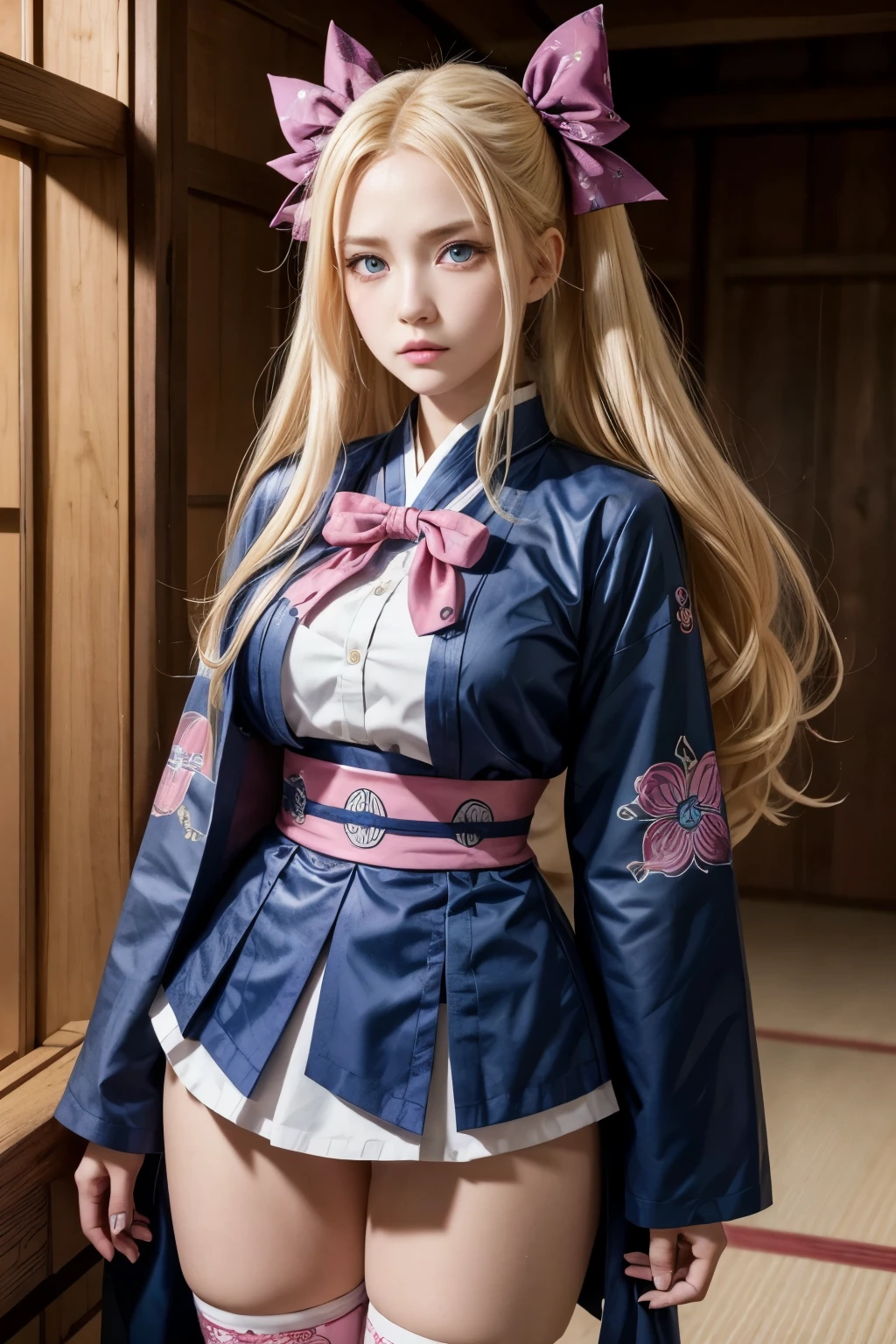 Personage of Kimetsu no Yaiba, woman with long blonde hair, blue colored eyes, skin fair, an expression,wears the oni hunter uniform,has a pink haori with some printed bows,Best anime of Kimetsu no Yaiba .