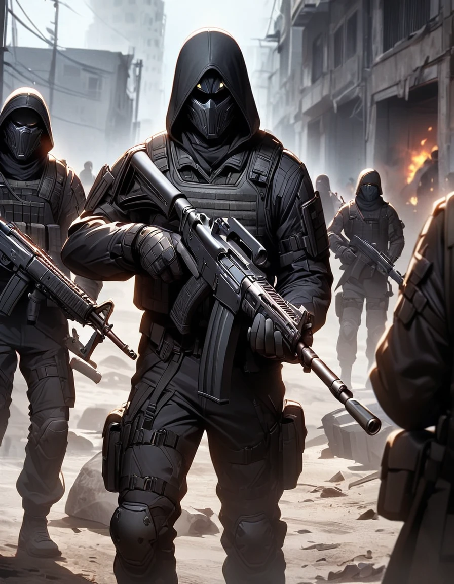 Masterpiece, best quality, 1 person, 30 year old man, Focus Man, alone, alone focus, black hair, Turquoise eyes, black bulletproof vest, Mercenaries, (holding an assault rifle((AK46)), Standing position, Standing shooting position, Behind the scenes on the battlefield, War zone, serious, solemn face, dangerous atmosphere,ปืน AK46,black gun,AK 46 black.
