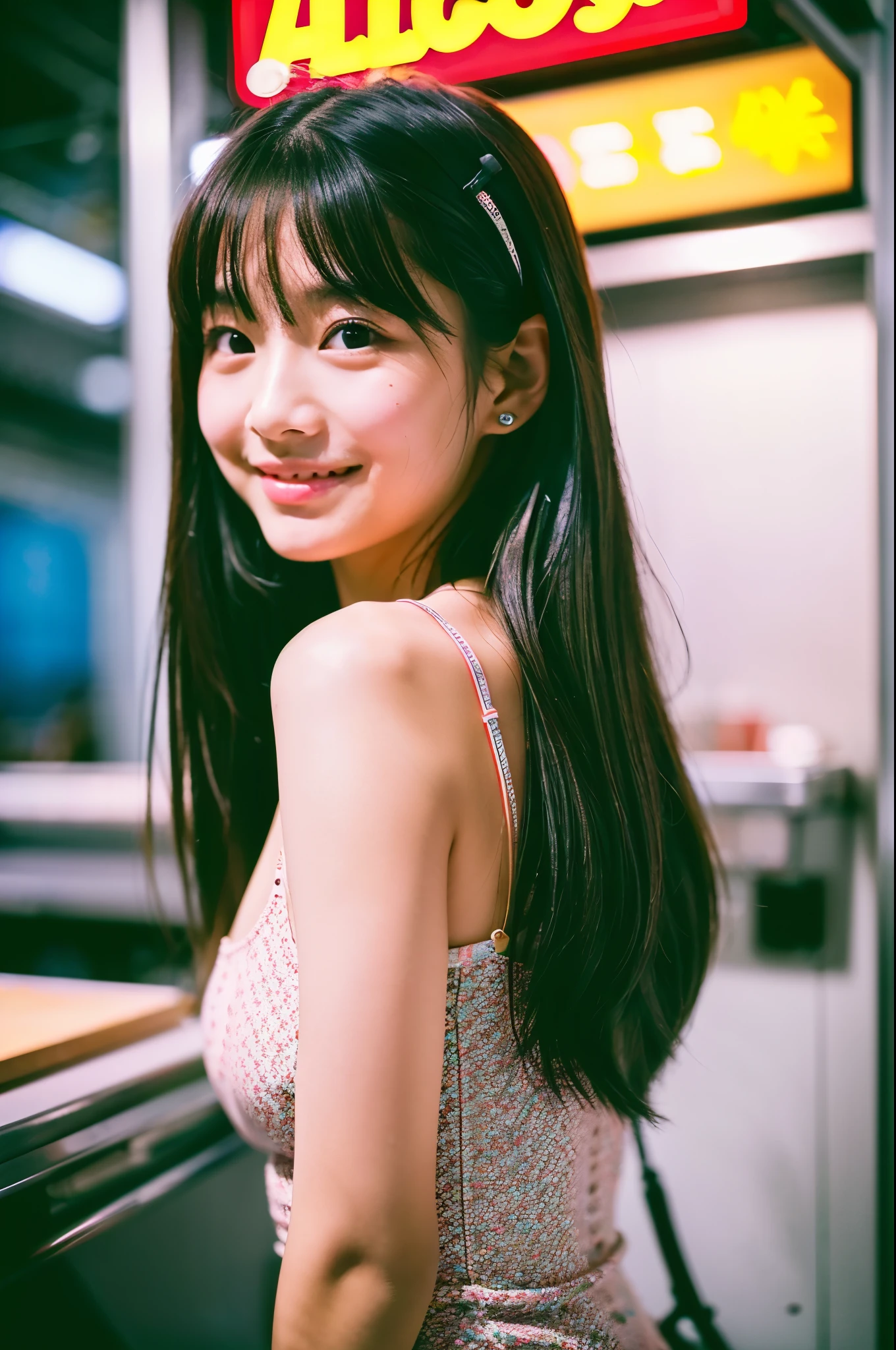 A very cute face like an idol、Looks like a young face、20-year-old female、Gentle and cute、A kind smile、Cleavage、one piece、Stylish bar counter、cheers、whole body、((leica 50 mm prime lens, Cine Steel 800T film, art color photography))、RAW Photos、Genuine、Artistic、Real Stick、High resolution、Genuine Life、No copyright notice