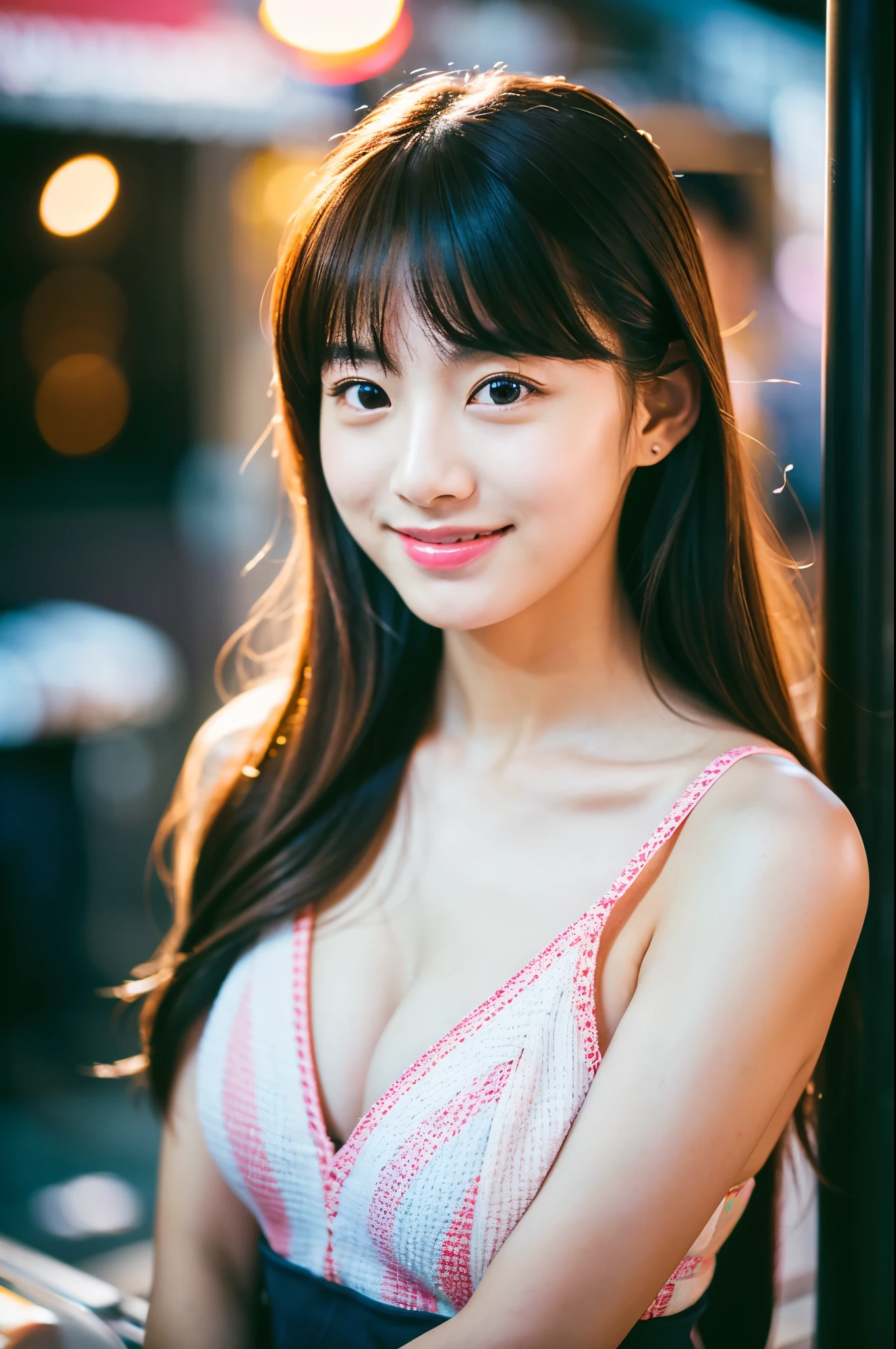A very cute face like an idol、Looks like a young face、20-year-old female、Gentle and cute、A kind smile、Cleavage、one piece、Stylish bar counter、cheers、whole body、((leica 50 mm prime lens, Cine Steel 800T film, art color photography))、RAW Photos、Genuine、Artistic、Real Stick、High resolution、Genuine Life、No copyright notice