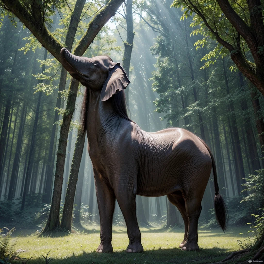 Create an ultra-realistic image of a magical creature that combines elements of an elephant and a horse, inspired by Greek mythology. This unique creature should have the majestic body and strength of an elephant, but with the elegance and grace of a horse. The creature's body should be massive and muscular, covered in a thick, leathery skin that resembles the texture of an elephant's hide but with a sleek, glossy sheen. Its legs should be long and powerful, similar to a horse's, allowing it to move with both strength and agility. The feet should end in large, rounded hooves that combine the features of both animals. The creature's head should blend the features of both an elephant and a horse. It should have a long, graceful neck like a horse, but with the iconic trunk of an elephant, which should be adorned with intricate, mystical patterns glowing faintly. The ears should be large and fan-like, similar to an elephant's, but with a more streamlined and elegant shape. The eyes should be large, expressive, and filled with wisdom, reflecting the creature's ancient and magical nature. The creature should have a flowing mane like a horse, but made of shimmering, ethereal strands that ripple and glow with magical energy. The tail should also blend elements of both animals, being long and powerful like an elephant's, but ending in a tuft of flowing hair like a horse's mane. The setting should be a mystical, enchanted forest with towering ancient trees, glowing plants, and a magical, ethereal atmosphere. The creature should be depicted in a majestic pose, perhaps rearing up on its hind legs or gracefully striding through the forest. The overall scene should evoke a sense of awe and wonder, highlighting the beauty and power of this unique, mythical creature