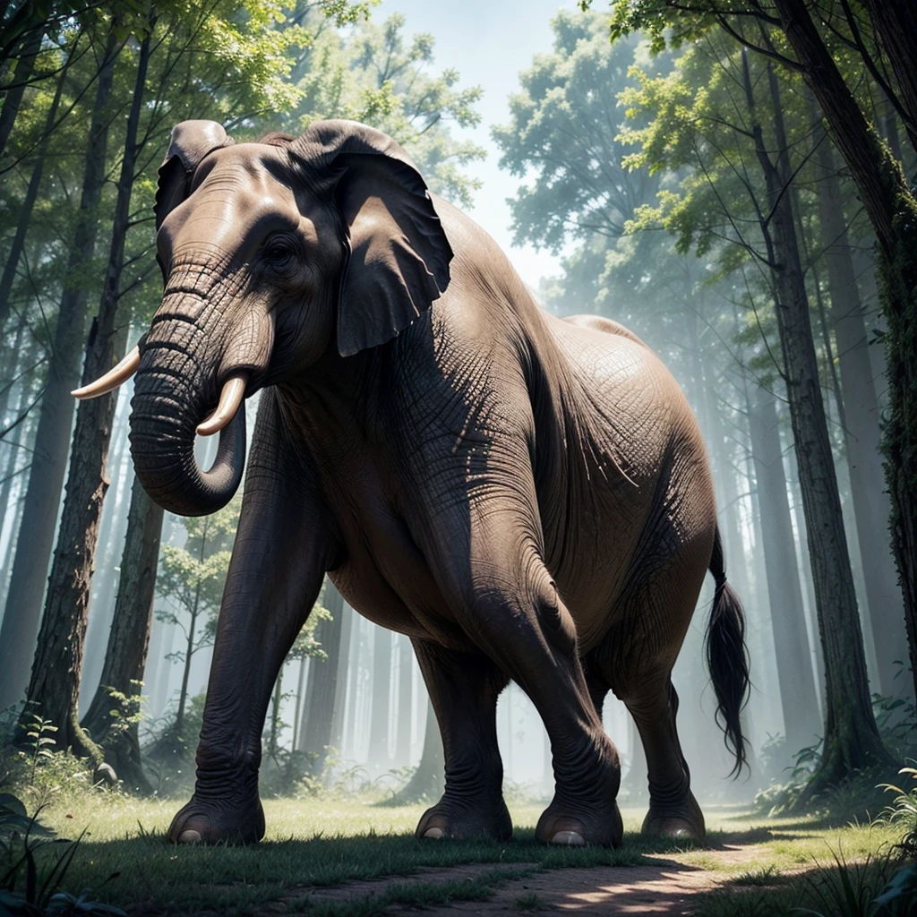 Create an ultra-realistic image of a magical creature that combines elements of an elephant and a horse, inspired by Greek mythology. This unique creature should have the majestic body and strength of an elephant, but with the elegance and grace of a horse. The creature's body should be massive and muscular, covered in a thick, leathery skin that resembles the texture of an elephant's hide but with a sleek, glossy sheen. Its legs should be long and powerful, similar to a horse's, allowing it to move with both strength and agility. The feet should end in large, rounded hooves that combine the features of both animals. The creature's head should blend the features of both an elephant and a horse. It should have a long, graceful neck like a horse, but with the iconic trunk of an elephant, which should be adorned with intricate, mystical patterns glowing faintly. The ears should be large and fan-like, similar to an elephant's, but with a more streamlined and elegant shape. The eyes should be large, expressive, and filled with wisdom, reflecting the creature's ancient and magical nature. The creature should have a flowing mane like a horse, but made of shimmering, ethereal strands that ripple and glow with magical energy. The tail should also blend elements of both animals, being long and powerful like an elephant's, but ending in a tuft of flowing hair like a horse's mane. The setting should be a mystical, enchanted forest with towering ancient trees, glowing plants, and a magical, ethereal atmosphere. The creature should be depicted in a majestic pose, perhaps rearing up on its hind legs or gracefully striding through the forest. The overall scene should evoke a sense of awe and wonder, highlighting the beauty and power of this unique, mythical creature