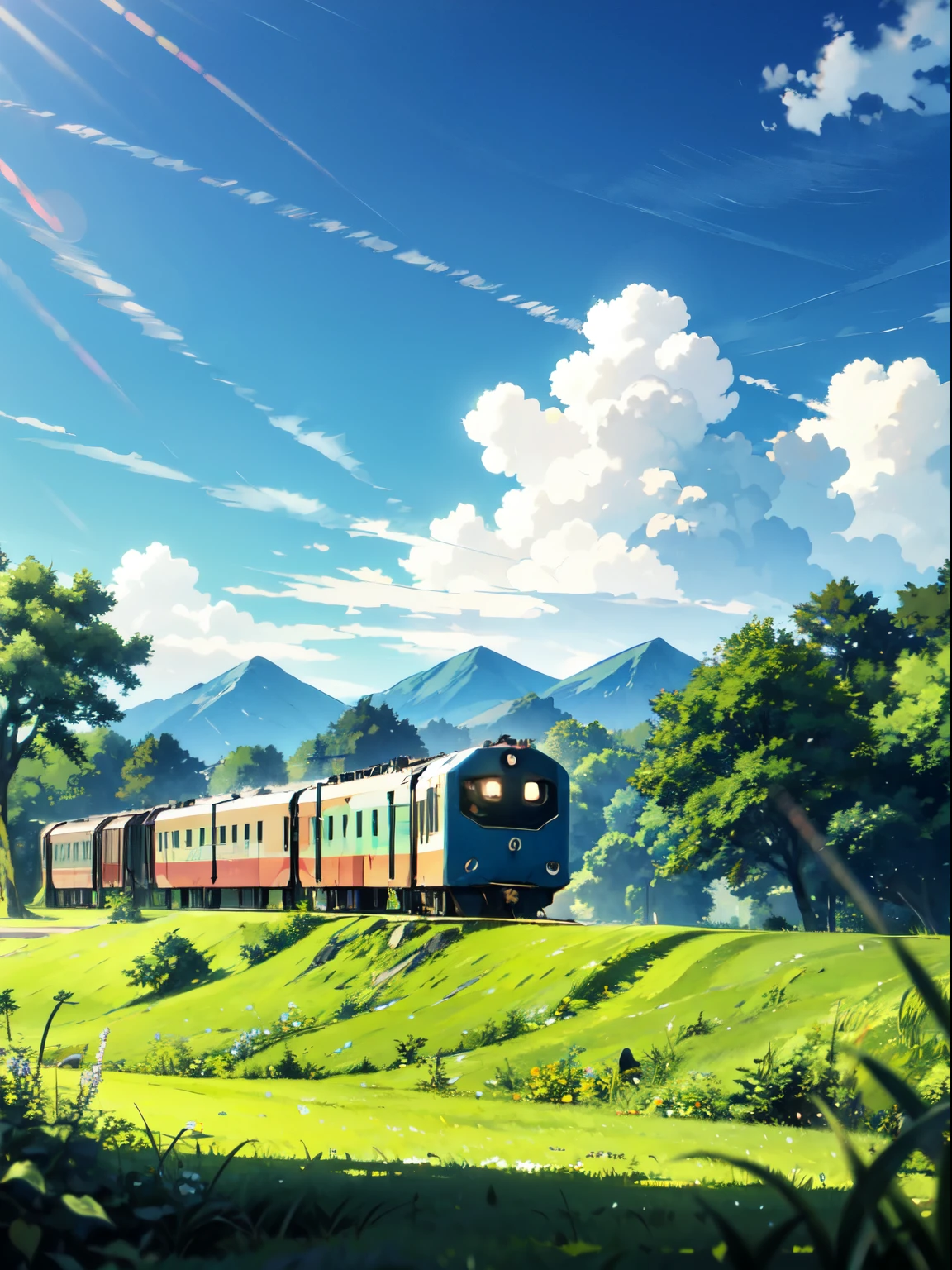 ((best quality)), ((masterpiece)), (detailed), sunny，Animation scene of a train passing by under the sky，There are green trees and lush grass on both sides.，Create an anime-style scene。The background is a dense forest，There is a distant mountain range behind。Bright colors、Clear focus、Natural light、Soft shadows and a tranquil ambience，Girl leaning on the wooden railing looking into the distance，Blue sky and white clouds，breeze，Broad field of vision