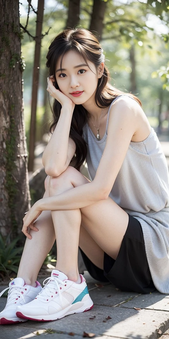 masterpiece, best quality, Surreal, Ultra Detailed, 8k resolution, RAW photos, Clear focus, (A girl in the forest;1.5), ((light gray shirt)), sleeveless, sports Shorts,, Solitary, Perfect body, Perfect body, Playful and flirty pose，((The calves are straight and thin，Wear high-end brand colored sneakers，))，Bangs to eyebrows、Beautiful brown hair、Beautiful and delicate eyes、Brown eyes、Raise an eyebrow、Bangs to eyebrows、Beautiful brown hair、Beautiful and delicate eyes、Brown eyes、Raise an eyebrow、High Nose、Small nostril、Little mouth、Tempting lips、Mouth slightly open、Beautiful breasts、Full body、Oval face,Phoenix Eyes，Eyebrow， Double eyelids, Long eyelashes, A faint smile, ，She has a pair of eyes as clear as water，Eyebrows are like distant mountains，Creamy skin，Lips like cherry blossoms。Her beauty is not only in appearance，It&#39;s more about her fragile yet tenacious temperament，Like a hibiscus flower swaying in the wind，It's pitiful， A faint smile, 
 32 inches in the chest,(a charming smile:1), (sexy pose)，26 years old, light,White shoes，