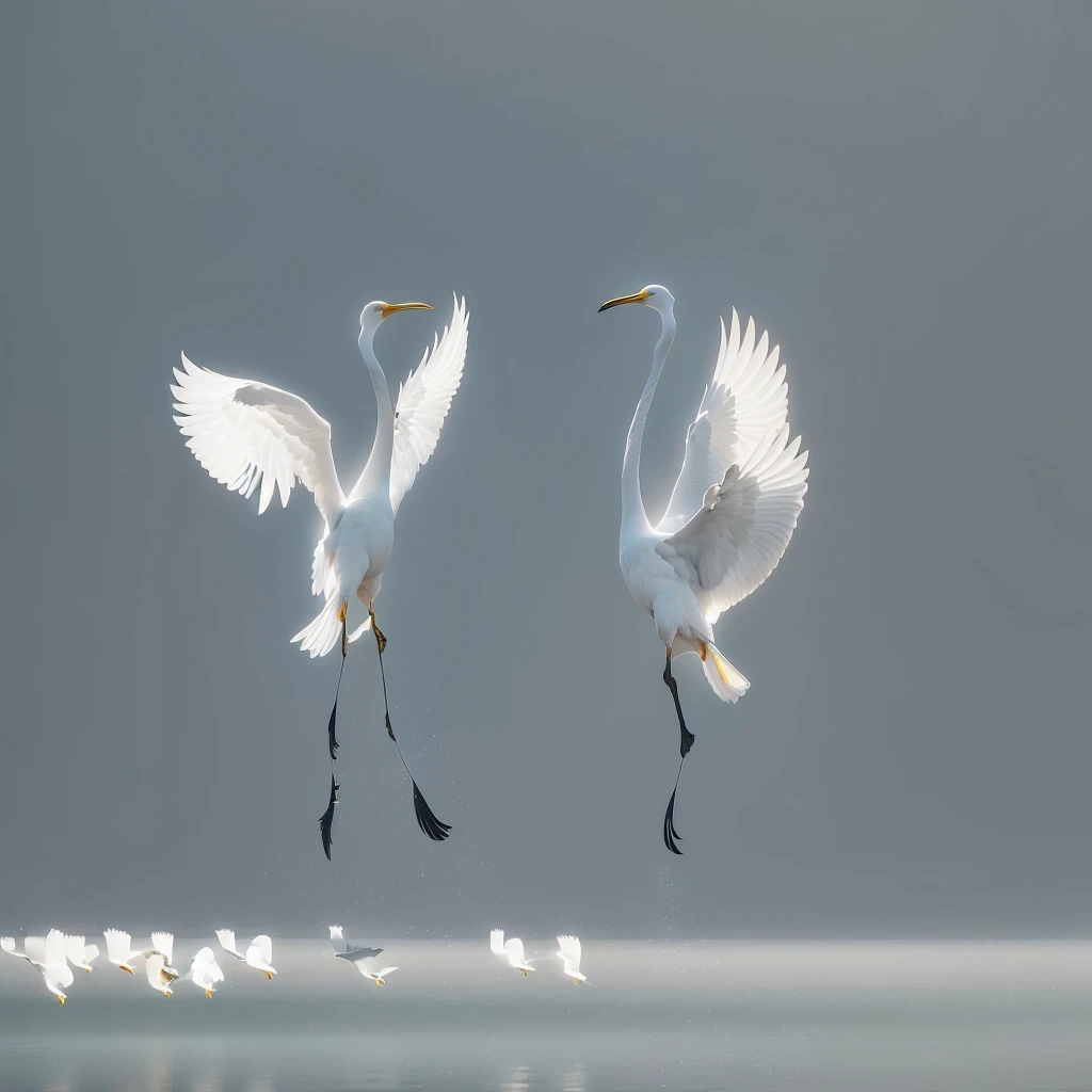 There are two white birds flying together over the water, Beautiful and graceful, Quiet and beautiful, Wingspan style, dancing gracefully, Spread your wingsing, Majestic wings, Nature documentary stills, Dance together, Spread your wings, Spread your wings, Male and female, by Liang Kai, and great birds, Two cranes flying across the sun, Spread your wings