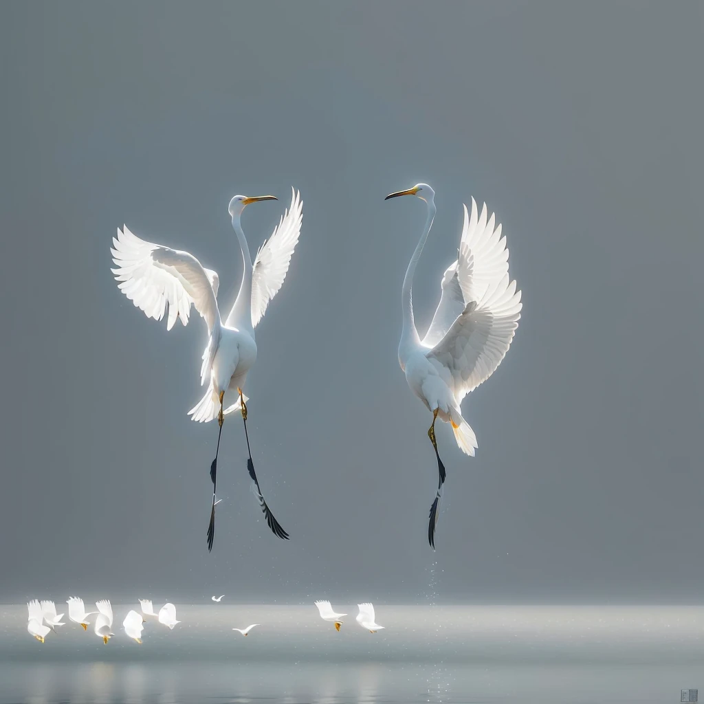There are two white birds flying together over the water, Beautiful and graceful, Quiet and beautiful, Wingspan style, dancing gracefully, Spread your wingsing, Majestic wings, Nature documentary stills, Dance together, Spread your wings, Spread your wings, Male and female, by Liang Kai, and great birds, Two cranes flying across the sun, Spread your wings