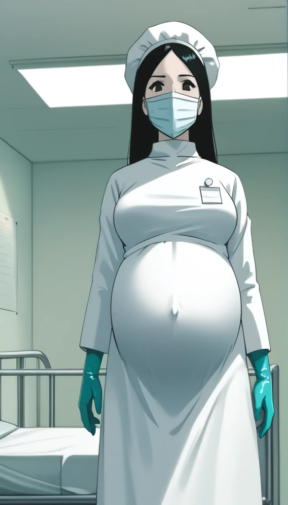 score_9, score_8_up, score_7_up, source_anime, raw image, masterpiece, highest quality, kasuganoray, pale skin, shy eyes, long black hair, big breasts, scrubs, surgical mask, bouffant cap, long sleeve maternity dress, seamless, navel head, long white stockings,
1girl, pregnant, solo, long rubber gloves, looking down, furrowed brow, hospital bed, light shines from the ceiling, standing, patient room background,