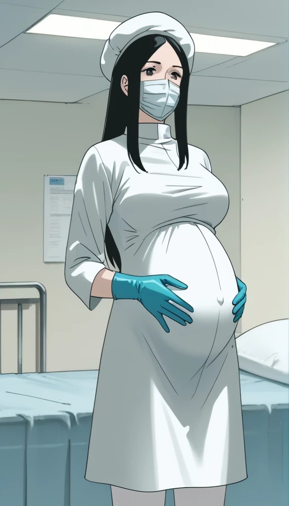 score_9,  score_8_up, score_7_up, source_anime, raw image, masterpiece, highest quality, kasuganoray, pale skin, shy eyes, long black hair, big breasts, scrubs, surgical mask, bouffant cap, long sleeve maternity dress, seamless, navel head, long white stockings,
1girl, pregnant, solo, long rubber gloves, looking down, furrowed brow, hospital bed, light shines from the ceiling, standing, patient room background, 