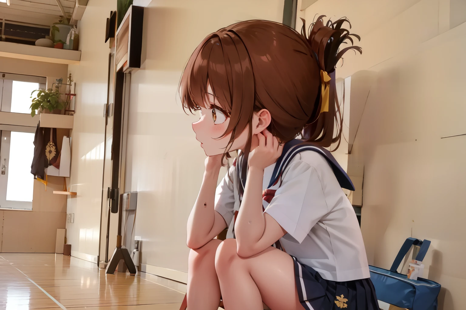 A female student in a sailor uniform sitting on the floor of the gymnasium and watching a physical education class because she feels unwell,(masterpiece, best quality:1.2),illustration,8K,HD,1girl,独奏,upper body,(portrait:1.2),brown_hair,folded_ponytail,brown_eyes,serafuku,long_hair,school_uniform,skirt,pleated_skirt,