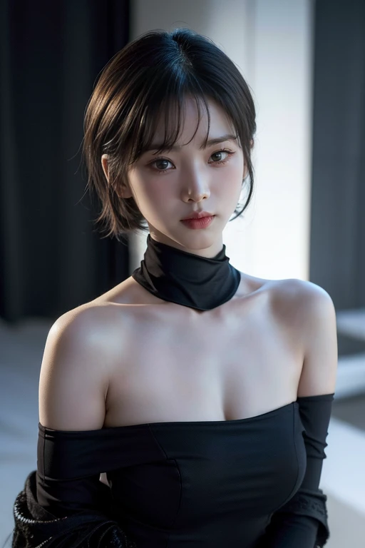 Best quality, masterpiece, ultra high res, (photorealistic:1.5), raw photo, 1girl, offshoulder, in the dark, deep shadow, low key, cold light, sexy look, short hair