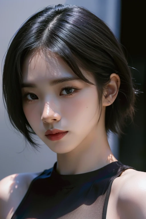 Best quality, masterpiece, ultra high res, (photorealistic:1.5), raw photo, 1girl, offshoulder, in the dark, deep shadow, low key, cold light, sexy look, short hair