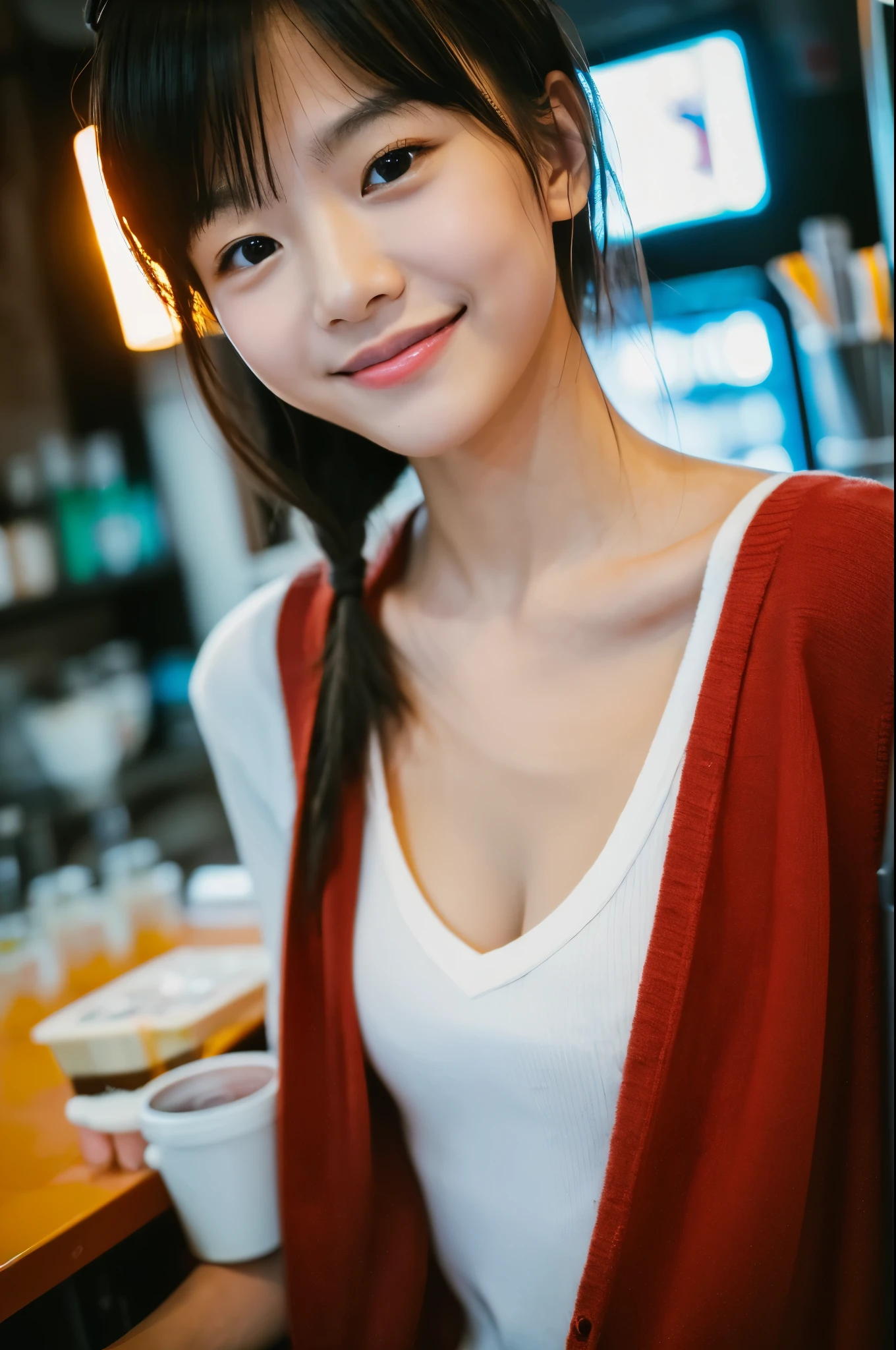((leica 50 mm prime lens, Cine Steel 800T film, art color photography))、A very cute face like an idol、Looks like a young face、20-year-old female、Gentle and cute、A kind smile、Cleavage、one piece、Stylish bar counter、cheers、whole body、RAW Photos、Genuine、Artistic、Real Stick、High resolution、Genuine Life、No copyright notice