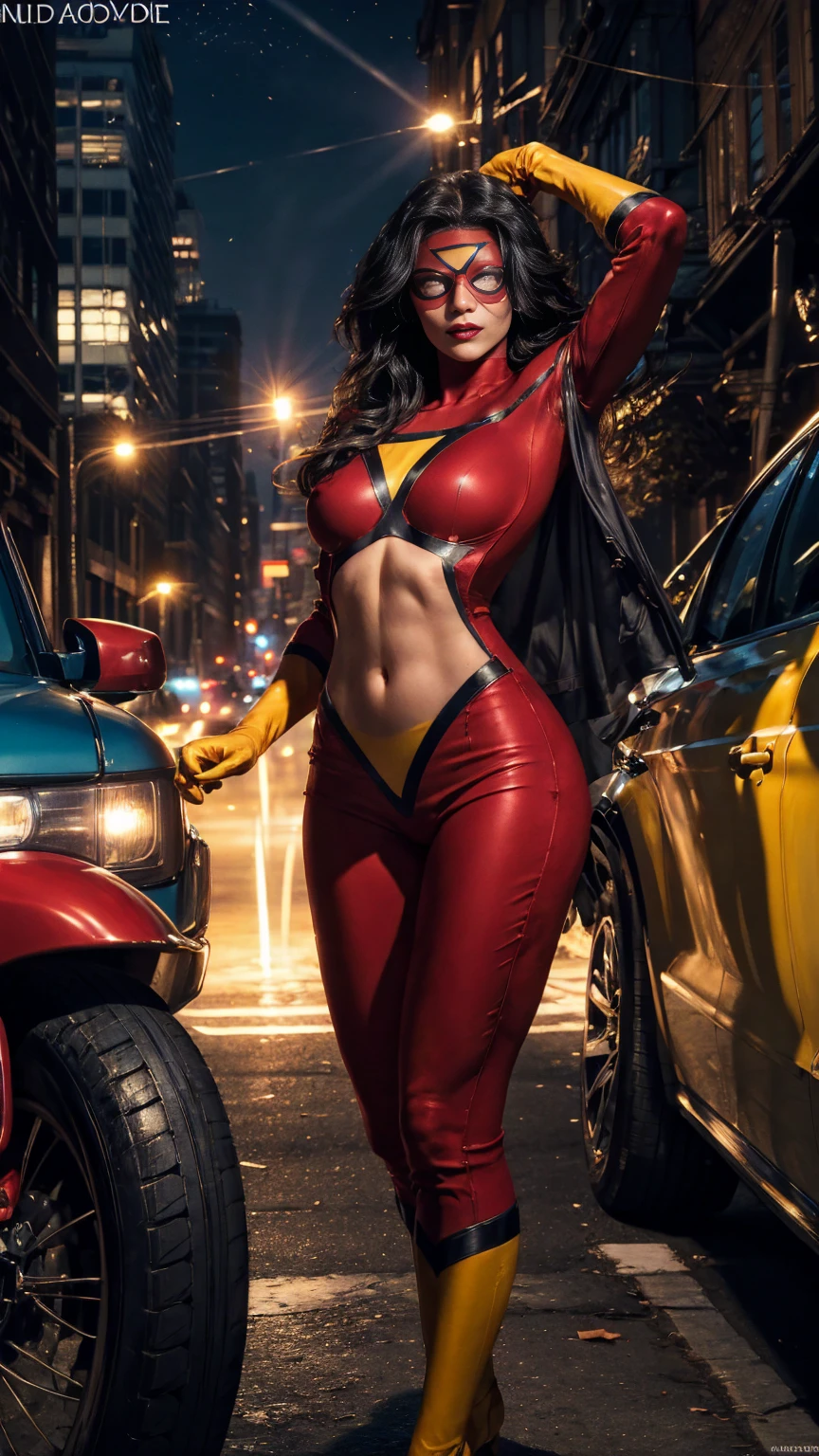 (Highly quality, masterpiece, detailed), Night city detailed scenario, Night city detailed background, 20 years old girl, Jessica_Drew_aiwaifu, long hair, black hair, large breasts, lips, lipstick, superhero, domino mask, gloves, red shirt, red pants, yellow gloves, Leather clothes, yellow shirt, yellow pants, thighs, crop top, Abdomen, Navel, beautiful eyes, perfect eyes, looking at the viewer, Sexy pose