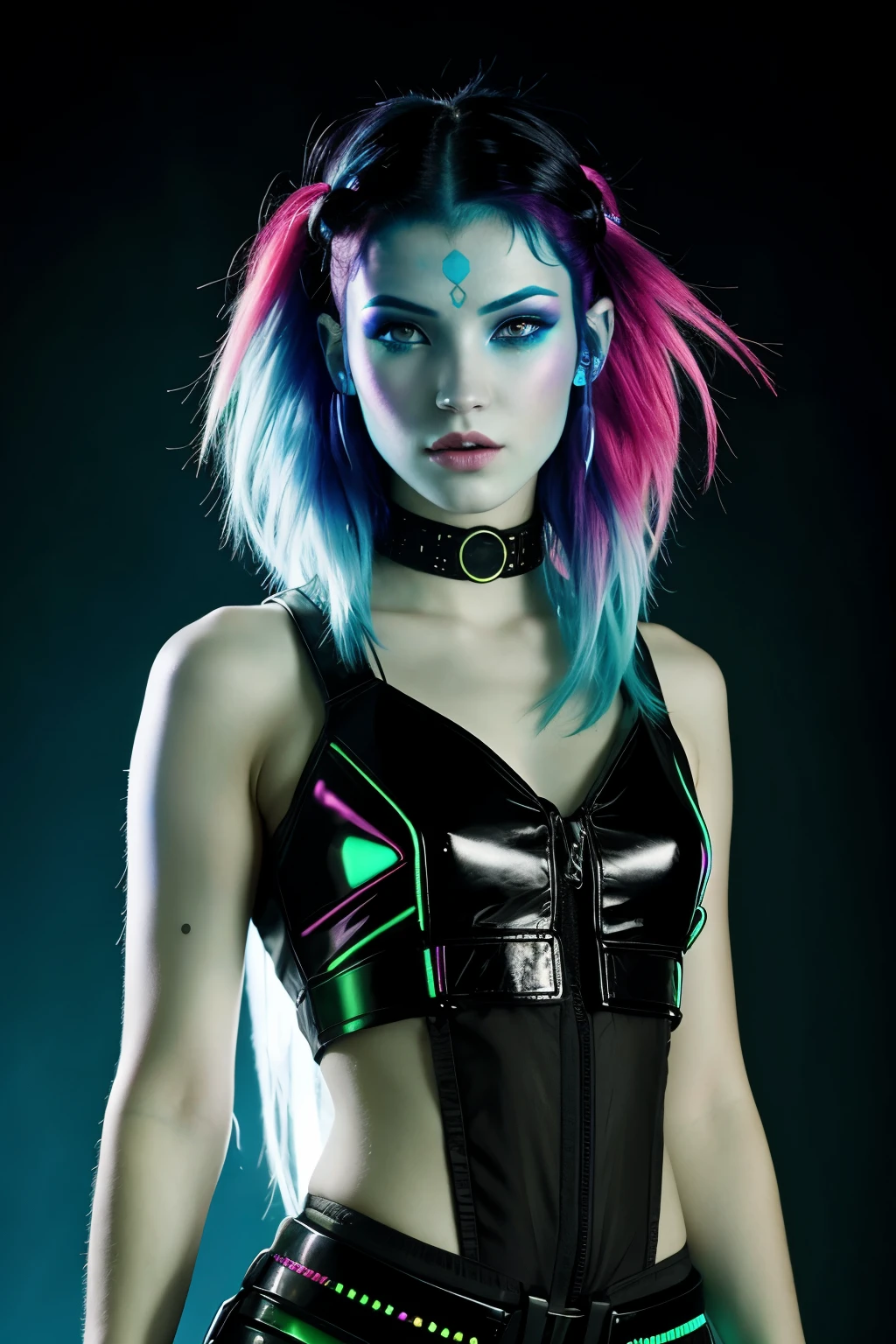 avatar humanoïde avec une apparence cyberpunk, neon hair and holographic eyes