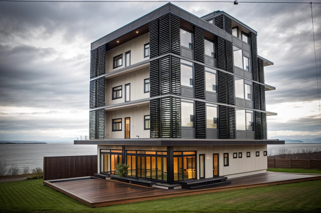 house exterior contemporary style, modernism, glass doors and windows,black metal rail, conwood ceilling, masterpiece, highquality, realistic photo, canon eos 5D mark, natural light, 