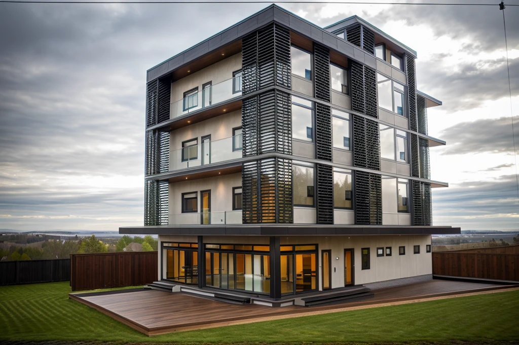 house exterior contemporary style, modernism, glass doors and windows,black metal rail, conwood ceilling, masterpiece, highquality, realistic photo, canon eos 5D mark, natural light, 