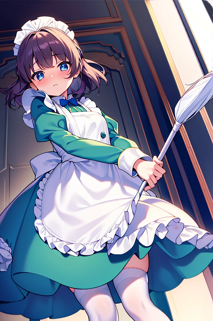 masterpiece, best quality,1girl, solo,whtie hair,medium hair,blue eyes,long sleeves,juliet sleeves,apron,maid,maid headdress,puffy sleeves,green dress,vest,buttons, white thighhighs,standing, looking at viewer, nose blush, (holding mop:1.3), (from below:1.3),