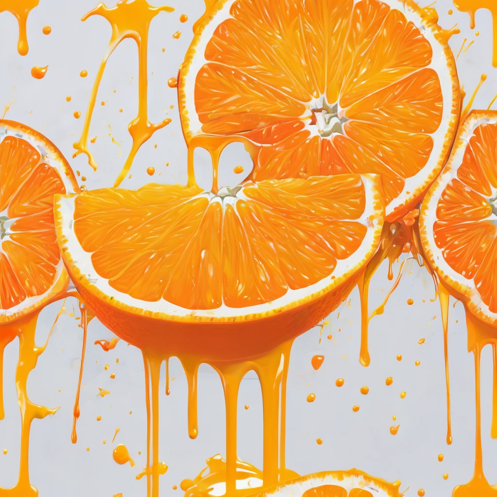 Graffiti, scribble, Comics by Petra Cortright, best quality, masterpiece, an orange cut in half an orange juice dripping from it artwork, Representative work, official art, Professional, Ultra intricate detailed, 8k, orange cut in half and orange juice dripping from it art, colourful background 