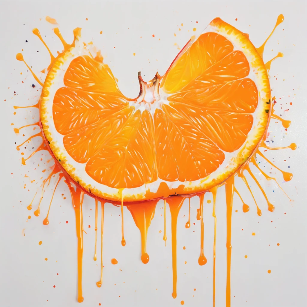 Graffiti, scribble, Comics by Petra Cortright, best quality, masterpiece, an orange cut in half an orange juice dripping from it artwork, Representative work, official art, Professional, Ultra intricate detailed, 8k, orange cut in half and orange juice dripping from it art, colourful background