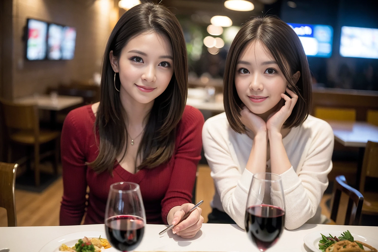 ((Highest quality、8K、masterpiece:1.3))、cute、slimカップル、modelカップル、actress男優、(Realistic, Intricate details:1.2), full-course dinner、Wine Party、Amazing view of the sunset sky and clouds、A bright smile、short hair,Bright Face、 (Age 37), age 34, red wine 、Appetizers、Italian food、Wine bottle、Champagne、sparkling wine、Two beauties、Brown Hair、Shortcuts、Long sleeve shirt、dress、Beautiful woman 1, (slimな顔), (The body is slim), (Brown Hair), (Shortcuts), cheeks turn a little red,Attractive beauty、restaurant, In a prominent place (From the waist up) Nova Frog Style, actress, model, Upper Body, White wine, slim, wine glass, 中央に置かれたwine glass, smile, (smile: 1.15), Beautiful fine grain, Depth f/2,saturation, High Contrast, Strong light and shadow,Moist Body:1.5、3D texture、Delicate eyes、Brown Hair、The hair is very shiny、