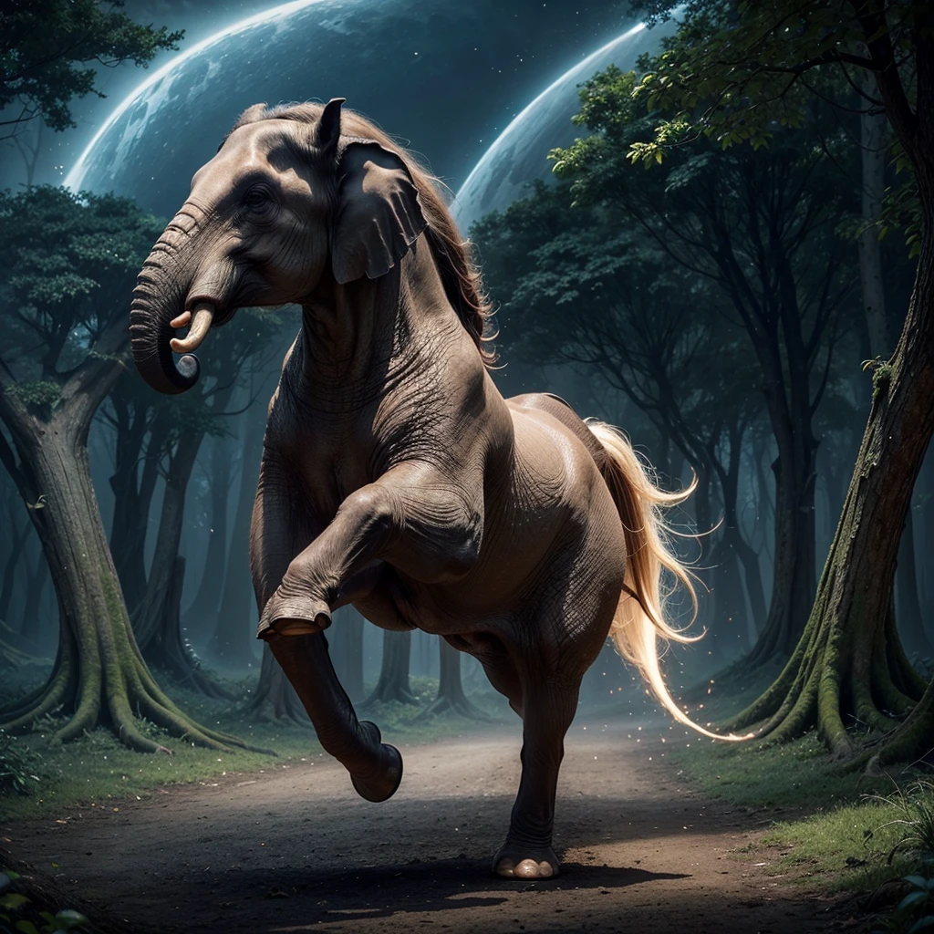 Create an ultra-realistic image of a magical creature that combines elements of an elephant and a horse, inspired by Greek mythology. This unique creature should have the majestic body and strength of an elephant, but with the elegance and grace of a horse. The creature's body should be massive and muscular, covered in a thick, leathery skin that resembles the texture of an elephant's hide but with a sleek, glossy sheen. Its legs should be long and powerful, similar to a horse's, allowing it to move with both strength and agility. The feet should end in large, rounded hooves that combine the features of both animals. The creature's head should blend the features of both an elephant and a horse. It should have a long, graceful neck like a horse, but with the iconic trunk of an elephant, which should be adorned with intricate, mystical patterns glowing faintly. The ears should be large and fan-like, similar to an elephant's, but with a more streamlined and elegant shape. The eyes should be large, expressive, and filled with wisdom, reflecting the creature's ancient and magical nature. The creature should have a flowing mane like a horse, but made of shimmering, ethereal strands that ripple and glow with magical energy. The tail should also blend elements of both animals, being long and powerful like an elephant's, but ending in a tuft of flowing hair like a horse's mane. The setting should be a mystical, enchanted forest with towering ancient trees, glowing plants, and a magical, ethereal atmosphere. The creature should be depicted in a majestic pose, perhaps rearing up on its hind legs or gracefully striding through the forest. The overall scene should evoke a sense of awe and wonder, highlighting the beauty and power of this unique, mythical creature