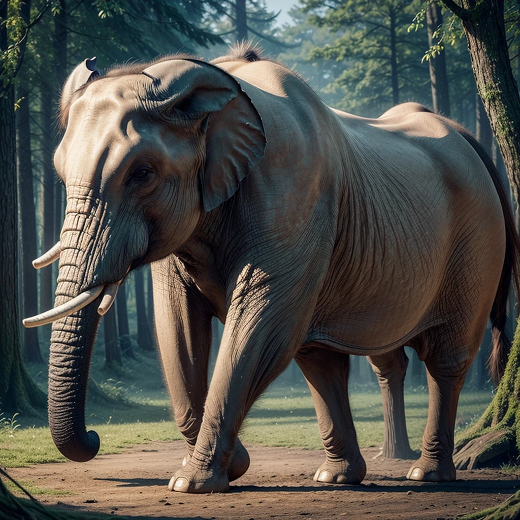 Create an ultra-realistic image of a magical creature that combines elements of an elephant and a horse, inspired by Greek mythology. This unique creature should have the majestic body and strength of an elephant, but with the elegance and grace of a horse. The creature's body should be massive and muscular, covered in a thick, leathery skin that resembles the texture of an elephant's hide but with a sleek, glossy sheen. Its legs should be long and powerful, similar to a horse's, allowing it to move with both strength and agility. The feet should end in large, rounded hooves that combine the features of both animals. The creature's head should blend the features of both an elephant and a horse. It should have a long, graceful neck like a horse, but with the iconic trunk of an elephant, which should be adorned with intricate, mystical patterns glowing faintly. The ears should be large and fan-like, similar to an elephant's, but with a more streamlined and elegant shape. The eyes should be large, expressive, and filled with wisdom, reflecting the creature's ancient and magical nature. The creature should have a flowing mane like a horse, but made of shimmering, ethereal strands that ripple and glow with magical energy. The tail should also blend elements of both animals, being long and powerful like an elephant's, but ending in a tuft of flowing hair like a horse's mane. The setting should be a mystical, enchanted forest with towering ancient trees, glowing plants, and a magical, ethereal atmosphere. The creature should be depicted in a majestic pose, perhaps rearing up on its hind legs or gracefully striding through the forest. The overall scene should evoke a sense of awe and wonder, highlighting the beauty and power of this unique, mythical creature