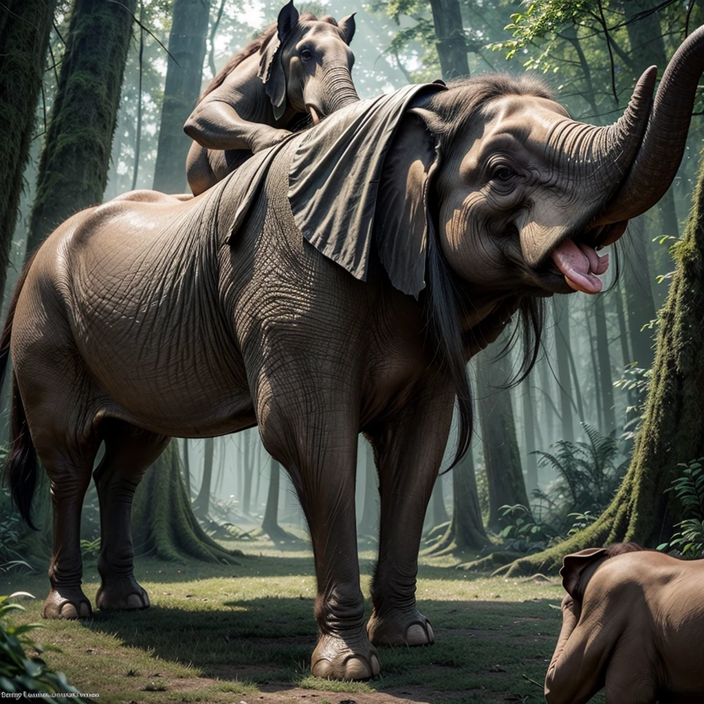 Create an ultra-realistic image of a magical creature that combines elements of an elephant and a horse, inspired by Greek mythology. This unique creature should have the majestic body and strength of an elephant, but with the elegance and grace of a horse. The creature's body should be massive and muscular, covered in a thick, leathery skin that resembles the texture of an elephant's hide but with a sleek, glossy sheen. Its legs should be long and powerful, similar to a horse's, allowing it to move with both strength and agility. The feet should end in large, rounded hooves that combine the features of both animals. The creature's head should blend the features of both an elephant and a horse. It should have a long, graceful neck like a horse, but with the iconic trunk of an elephant, which should be adorned with intricate, mystical patterns glowing faintly. The ears should be large and fan-like, similar to an elephant's, but with a more streamlined and elegant shape. The eyes should be large, expressive, and filled with wisdom, reflecting the creature's ancient and magical nature. The creature should have a flowing mane like a horse, but made of shimmering, ethereal strands that ripple and glow with magical energy. The tail should also blend elements of both animals, being long and powerful like an elephant's, but ending in a tuft of flowing hair like a horse's mane. The setting should be a mystical, enchanted forest with towering ancient trees, glowing plants, and a magical, ethereal atmosphere. The creature should be depicted in a majestic pose, perhaps rearing up on its hind legs or gracefully striding through the forest. The overall scene should evoke a sense of awe and wonder, highlighting the beauty and power of this unique, mythical creature