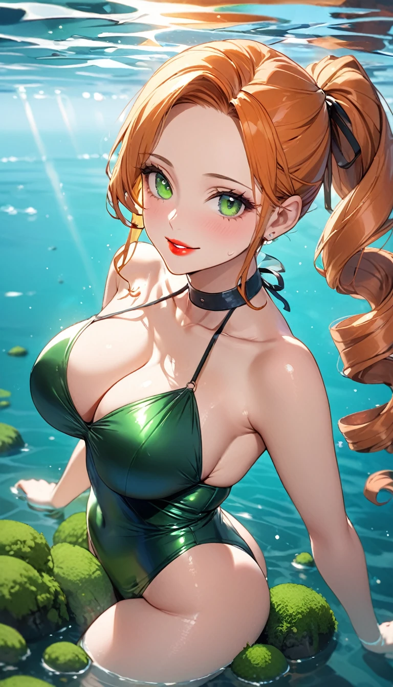 (Highest quality,4K,8K,High resolution,masterpiece:1.2),Super detailed,A 32-year-old woman、(((mature female))), (((milf))), (((tareme))), Best Bust、large breasts, Beautiful Eyes、orange hair、moss green eyes、Red lips, ((pony tail)), (drill hair), ((forehead)),  Very cute face, Glossy Lips, Double eyelids on both eyes,Natural smile、Tight waist、Sexy ass、Natural Makeup, Long eyelashes, Shiny and smooth hair、whole body、halter-neck-bikini, low angle shot,  In the shallow sea、blue sea、Shallow depth of field