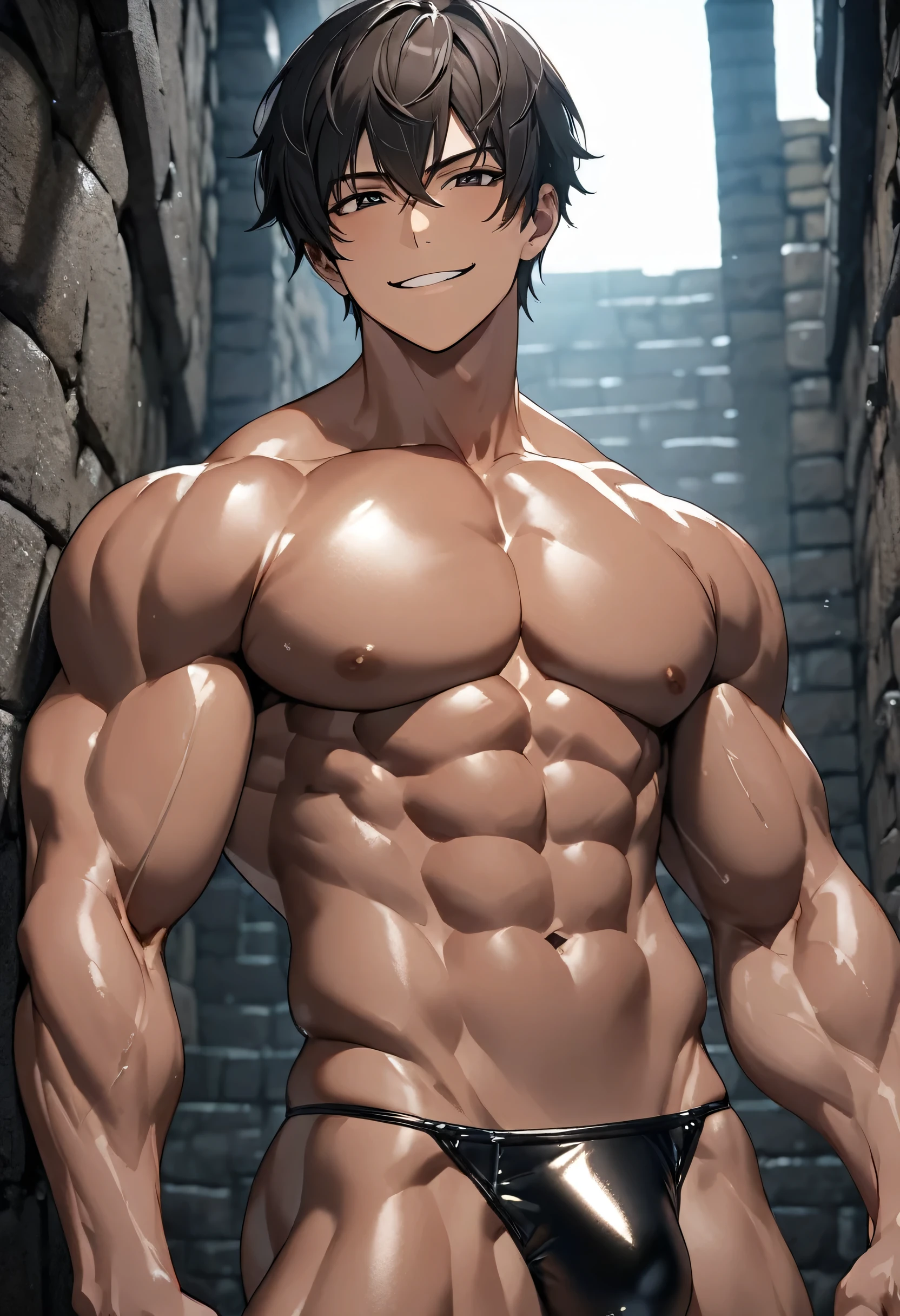 high quality, detailed, (22 years old japanese idol wrestler boy), (detailed black eyes), (black short hair), (muscle:1.5), (dark brown shiny skin:1.3), black tiny thong, bulge,(detailed nipples), yard, dungeon, (best quality,4k,8k,highres,masterpiece:1.2), smirk, face close up,