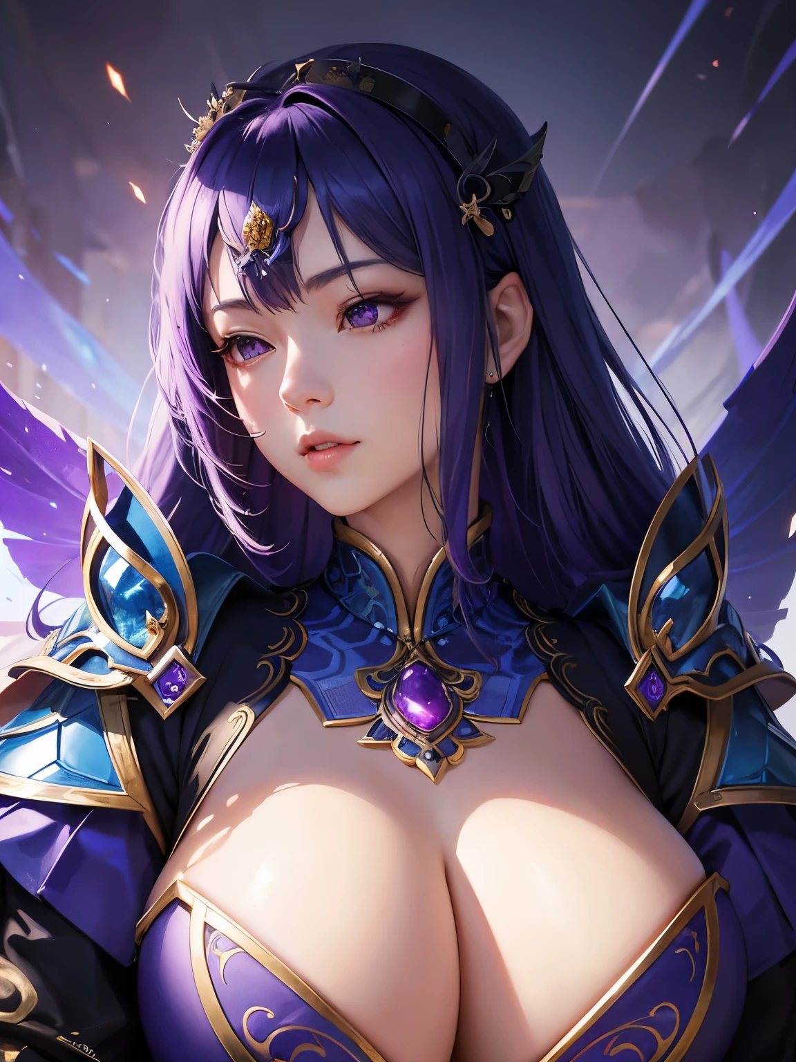 Close-up of a woman in a purple and blue dress, Chengwei Pan at Art Station, Jan J, Detailed fantasy art, Amazing character art,Himiko, Fan Art Best Art Station, Magnificent and elaborate character art, Beautiful Armor, Highly detailed art gems, Detailed Digital Animation, Armor Girl