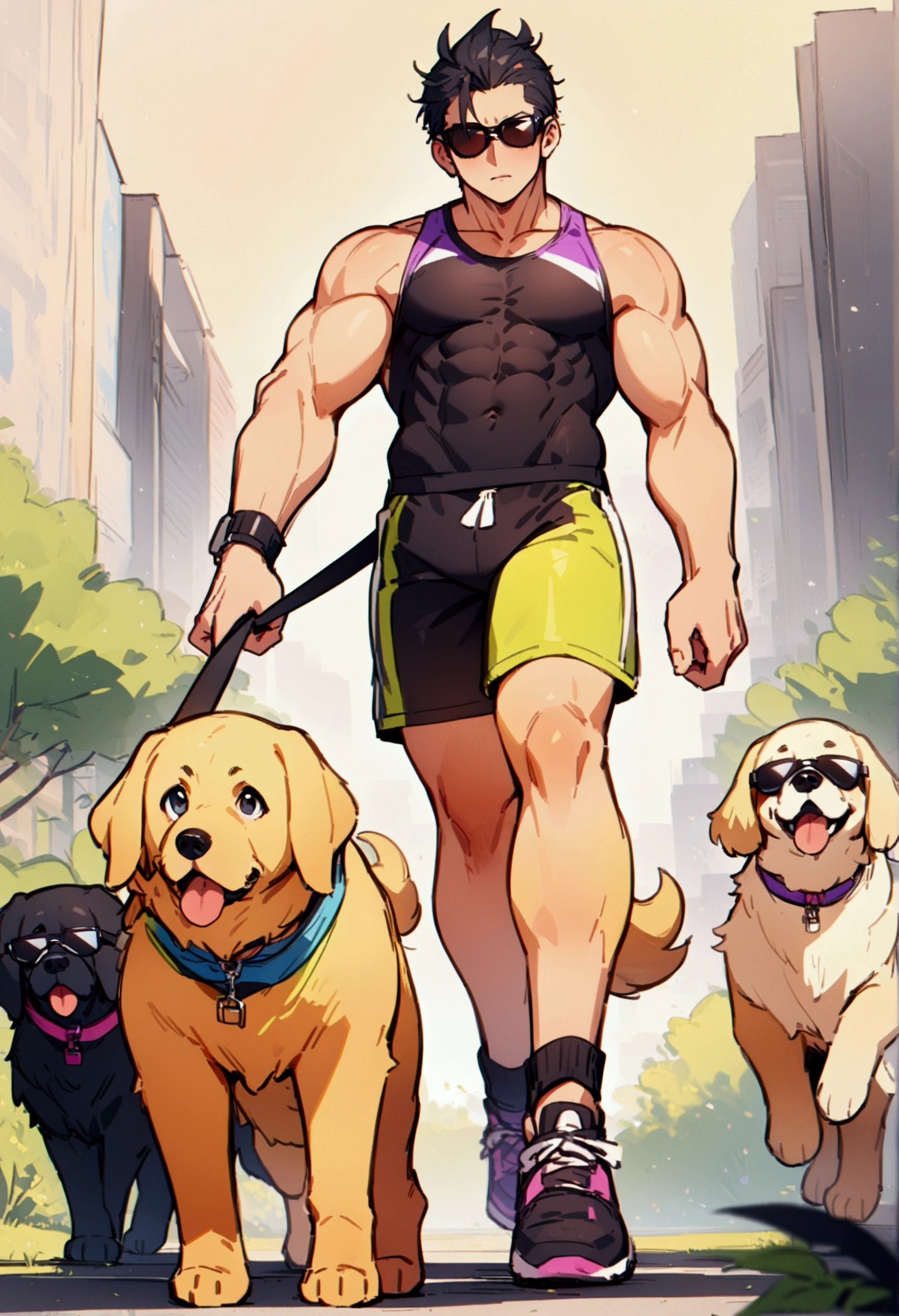 best quality, masterpiece, 8K, HD, young muscular man, wearing sports tank top and tight booty shorts, wearing stylish sunglasses, brisk jogging while holding two dogs on leashes, a big black dog and a golden retriever in front of him, in a park, metropolitan city in the background, front view, full body, zoomed out, vibrant colors, highly detailed