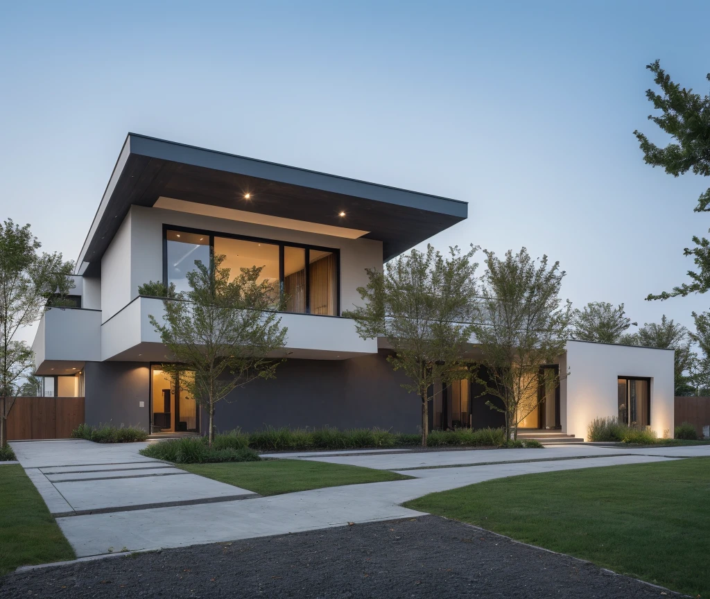 1 morden house, cofe space:1.4, main material by white wall and wood, large yard, 1 road runs in front of the house, (RAW photo, real, best quality, masterpiece:1.2), look morden minimalist, 1 road in front of the house, shime ring light, light brighteness from indoor:1.2, dynamic lighting:1.3, (hyper realistic, photo-realistic:1.2), high quality, (dark lighting:1.2), perfect lighting, archdaily
