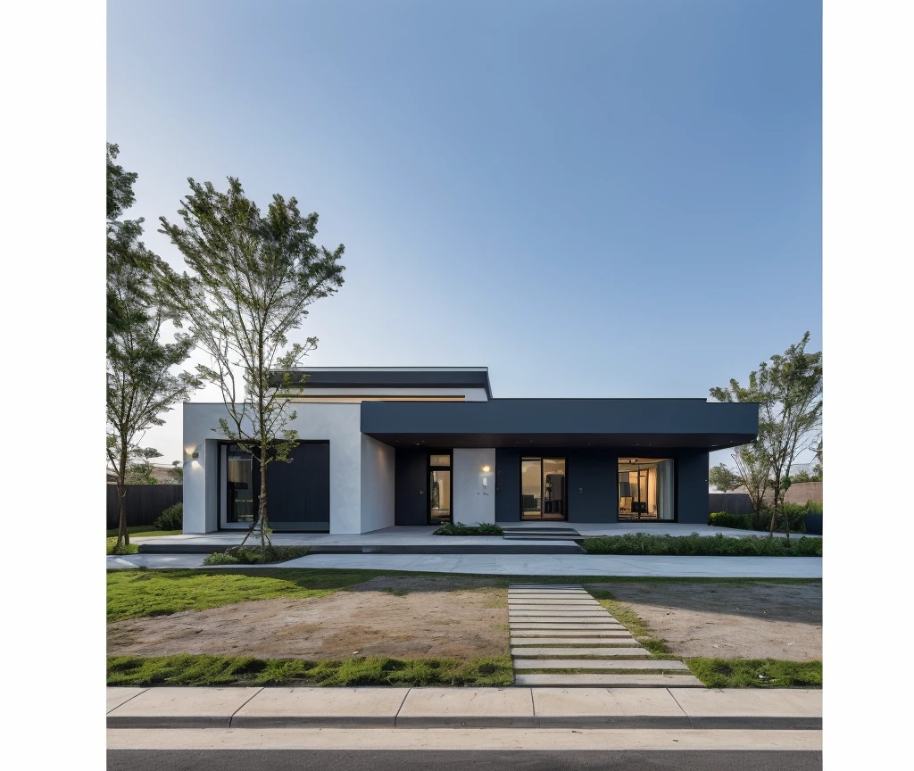 1 morden house, cofe space:1.4, main material by white wall and wood, large yard, 1 road runs in front of the house,  (RAW photo, real, best quality, masterpiece:1.2), look morden minimalist, 1 road in front of the house, shime ring light, light brighteness from indoor:1.2, dynamic lighting:1.3, (hyper realistic, photo-realistic:1.2), high quality, (dark lighting:1.2), perfect lighting, archdaily