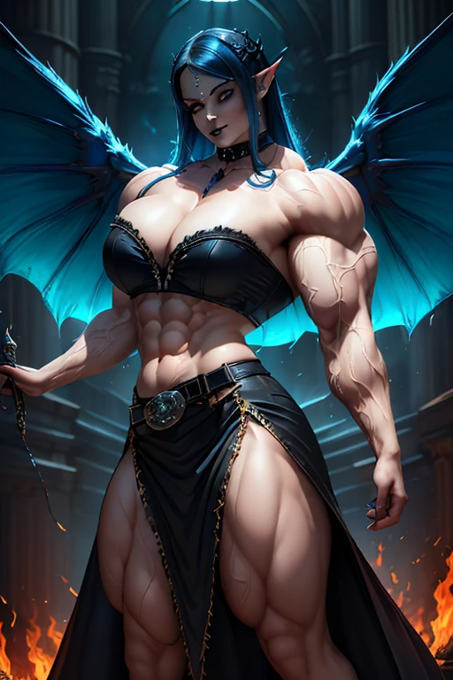 ((((Massive, beautiful, buff, pale white skinned muscular woman with demon wings, royal blue hair, black lipstick, ginormous bulky muscles, behind fire and wearing a gothic blouse with long gothic skirt)))), (close view), (massive muscles), (hyper muscle), long curly wavy hair, ((gothic blouse)), white eyes, (spiky gauntlets), (demon wings), choker, ((long black gothic skirt with gothic belt)), black high heels, (on top of a dilapidated building), (Dark and moody universe:1.3), (closed smile), night, (massive arms)