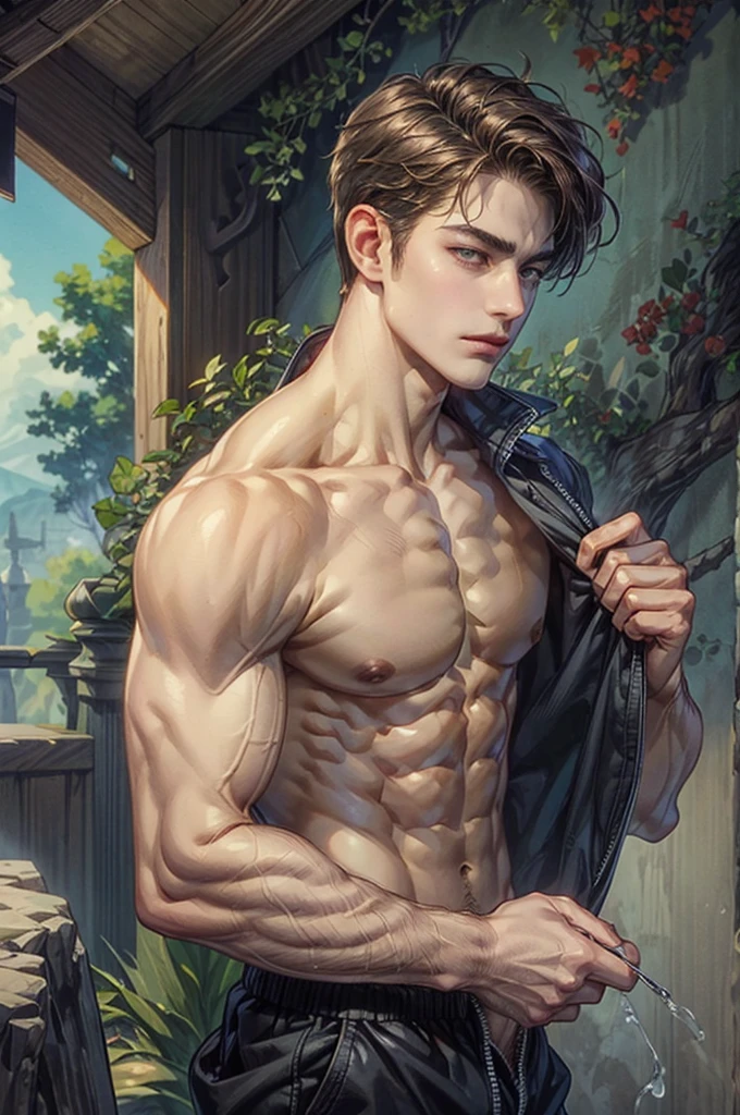 ((Best quality)), ((masterpiece)), (detailed), ((perfect face)), ((halfbody)) handsome face, male,  boy,  perfect proportions , a character from webtoon the liar and his lover, brown short hair, male version , detailed workshop background, detailed scenery background , no shirt, Shirtless, Abs, muscles, pectoral muscles, defined abs, thin muscular, no pants, blushing, penis, erect penis, dick, cock, erect cock, hot, cum, nude, no clothing,  no pants, pubic hair