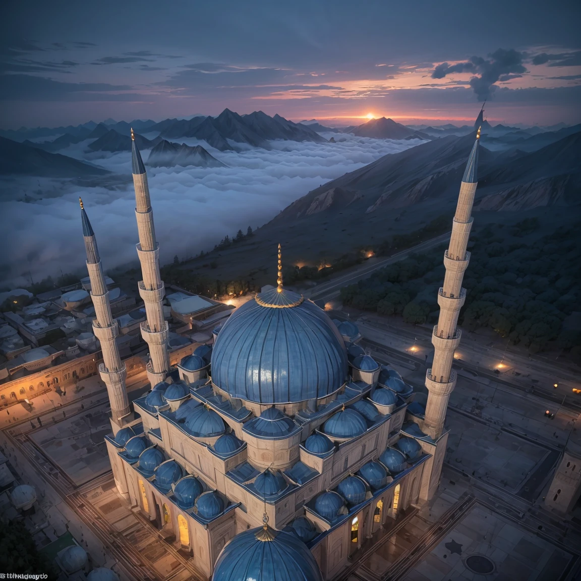 mosque building, hight tower, blue dome, epic, fog, dawn, dramatic lighting, dim light, mountain, forest, cliff, 