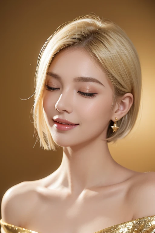 1 girl, alone, Close your eyes, decorations, earring, blonde hair, bare shoulders, realistic, gold background, collarbone, smile, Long eyelashes, decorationsผม, lips, upper body, set, chest, put on makeup, short hair, off shoulder, flower, rift, black set, Portrait