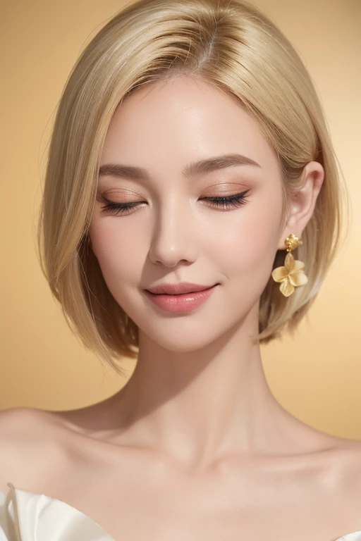 1 girl, alone, Close your eyes, decorations, earring, blonde hair, bare shoulders, realistic, gold background, collarbone, smile, Long eyelashes, decorationsผม, lips, upper body, set, chest, put on makeup, short hair, off shoulder, flower, rift, black set, Portrait
