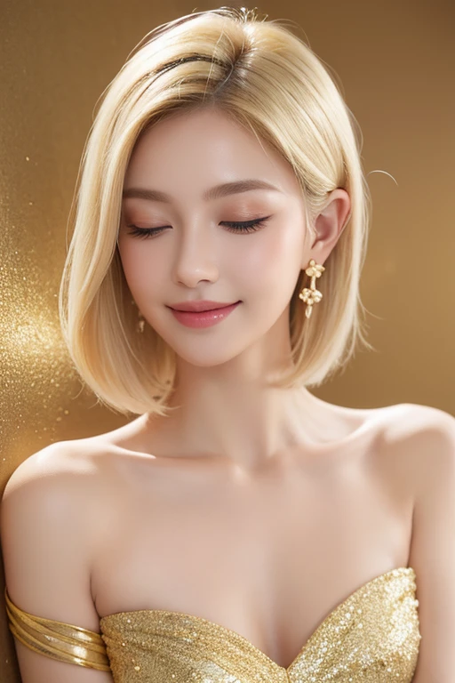 1 girl, alone, Close your eyes, decorations, earring, blonde hair, bare shoulders, realistic, gold background, collarbone, smile, Long eyelashes, decorationsผม, lips, upper body, set, chest, put on makeup, short hair, off shoulder, flower, rift, black set, Portrait