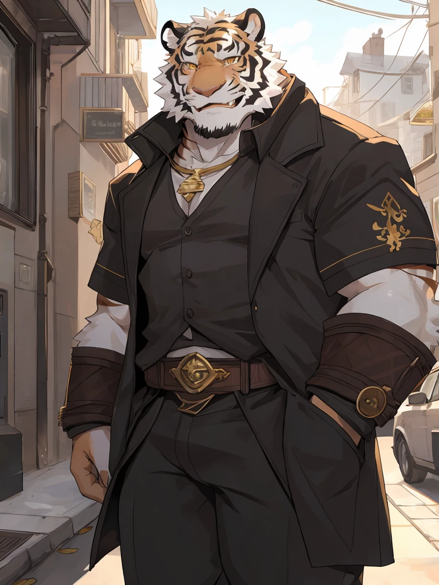 White Tiger,Orcs,Gold pattern,Scar on left eye,The left pupil is black,Right eye pupil,Smiling on the street