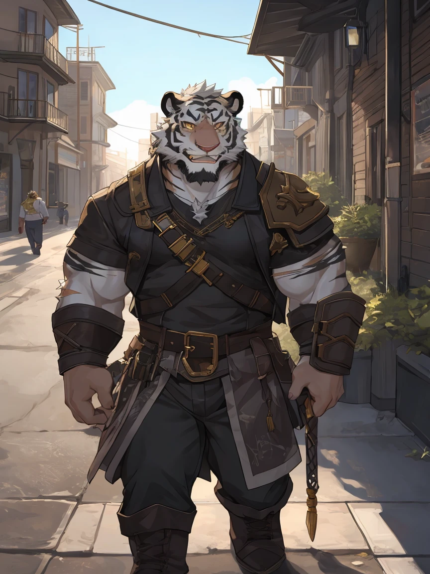 White Tiger,Orcs,Gold pattern,Scar on left eye,The left pupil is black,Right eye pupil,Smiling on the street