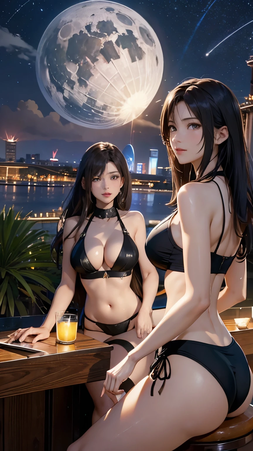 Highest quality, Super quality, 16K, Incredibly absurd, Very detailed, delicate and dynamic, SFW, Natural light, Small particles reflect light, Diffuse reflection of light, Vortex of Light, Lots of starlight, fire works, roof top pool of Marina Bay Sands Singapore, night, moon, 水面にmoonが映る, night景, Create amazing image effects, pool side bar, pool party, Sumptuous cuisine, Upper body close-up, (cute sexy three girls, big busts, Pool party with my girlfriend, Sensual expression, peacefulness, Elegant, Charm, lure, , pool side bar, , シンガポールのnight景, black long hair, Chic swimwear, Sumptuous cuisine, , Tifa Lockhart Final Fantasy VII )