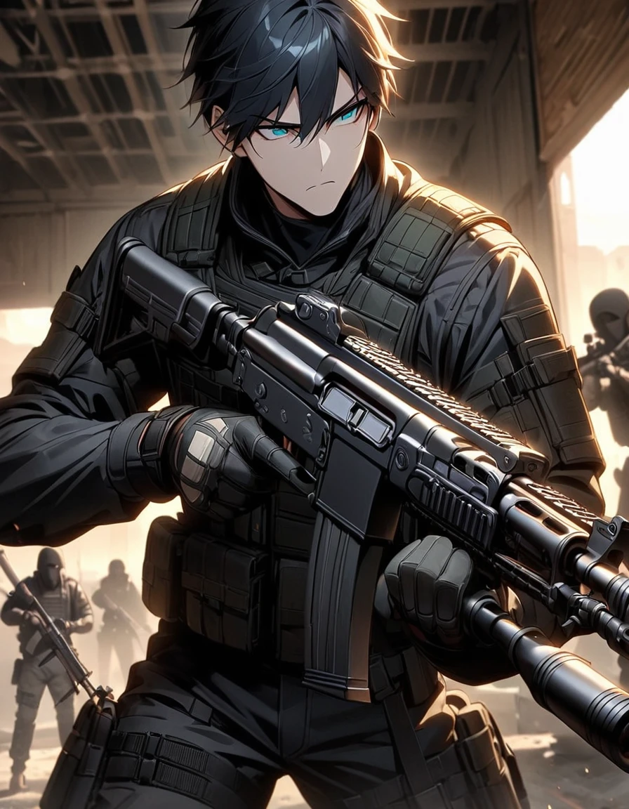 Masterpiece, best quality, 1 person, 30 year old man, Focus Man, alone, alone focus, black hair, Turquoise eyes, black bulletproof vest, Mercenaries, (holding an assault rifle((AK46)), Standing position, Standing shooting position, Shooting practice area behind the scenes, Shooting practice, serious,Aim the gun., solemn face, dangerous atmosphere,ปืน AK46,black gun,AK 46 black.