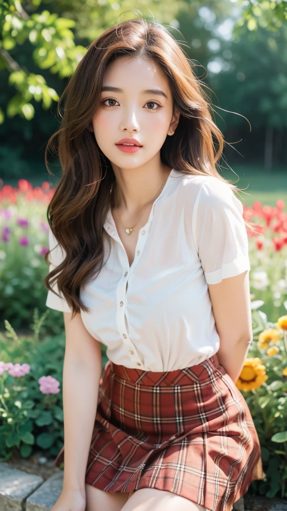 NSFW, 8k RAW photos, best quality, masterpiece, ultra high resolution, film grain, movie, 1 woman, looking at viewer, natural skin texture, Realistic eye and facial details, full Lips, Lipstick, (assembly), Red eyeshadow, cute hairstyle, messy hair, laugh, 입을 다water다, beautiful leg, tall woman, thin, slim_leg, alone, huge breasts, I see cracks, posture with chest out., pretty short skirt, ~~~am, shirt, beautiful natural location, Around the flower field, (detailed background), plaid skirt, white shirt, huge breasts, split, Show a little split through the shirt, loafers, treasury background, treasury, possession, plaid, short sleeve, brown hair, bracelet, water, forehead, , jewelry store, parted Lips, Lips, pleated skirt, depth of field