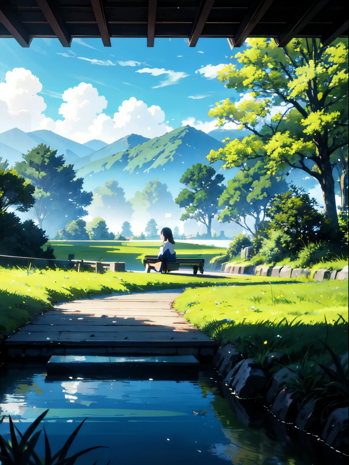 ((best quality)), ((masterpiece)), (detailed), sunny,Animation scene of a train passing by under the sky,There are green trees and lush grass on both sides.,Next to it is a small stream,Create an anime-style scene。The background is a dense forest,There is a distant mountain range behind。Bright colors、Clear focus、Natural light、Soft shadows and a tranquil ambience,Girl leaning on the wooden railing looking into the distance,Blue sky and white clouds,breeze,Broad field of vision